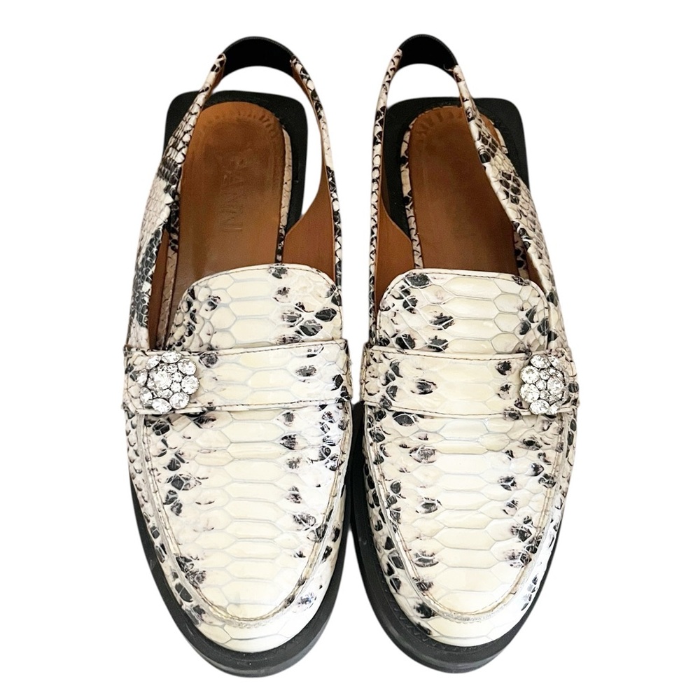 Ganni Black and‎ White Snakeskin Crystal Embellished Slingback Loafers Size 9/39